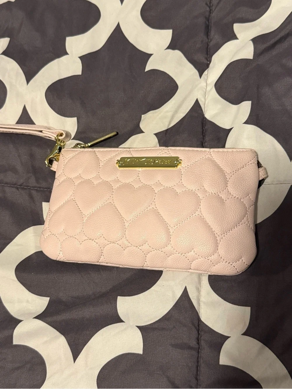Betsey Johnson blush pink quilted heart wristlet with gold plaque